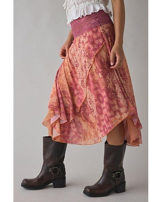 Kimchi Blue Pink Ethereal Lace Trim Semi-Sheer Mesh Midi Skirt
