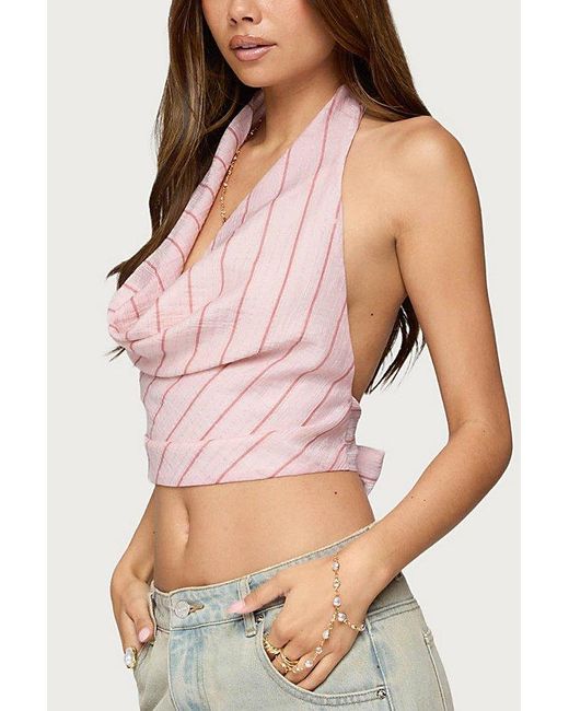 Edikted Pink Stripey Metallic Cowl Neck Halter Top