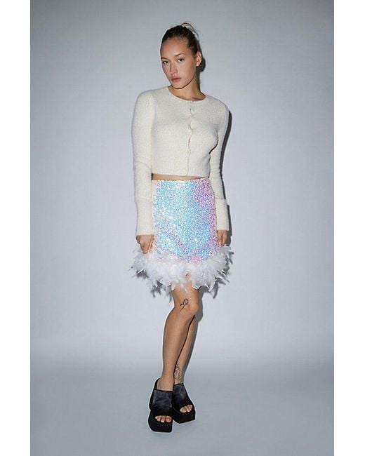 Glamorous Gray Iridescent Sequin Feather Trim Mini Skirt