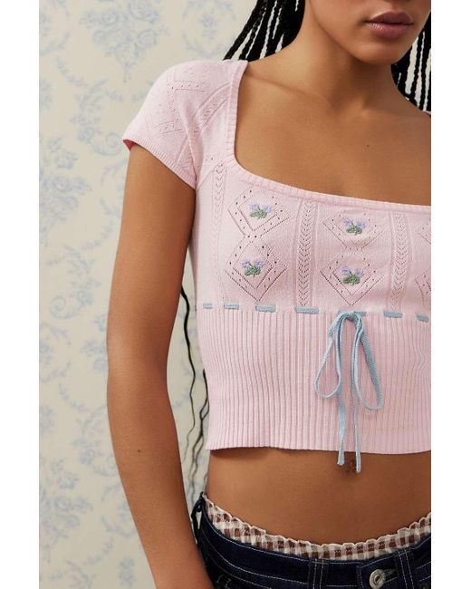Urban Outfitters Pink Uo Edison Embroidered Short-sleeved Ribbon-tie Top