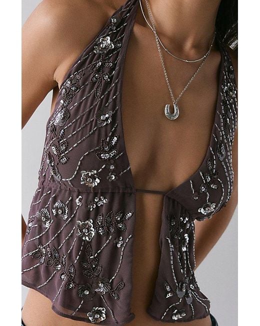 Urban Outfitters Brown Uo Carmellia Embellished Split-Front Flyaway Halter Top