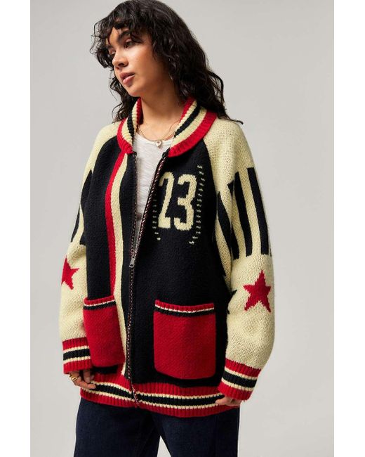 Jaded London Red Team 23 Motocross Knitted Zip-through Jacket M/l At Urban Outfitters