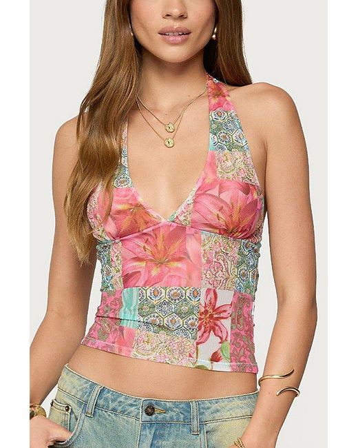 Edikted Pink Catie Printed Mesh Halter Top