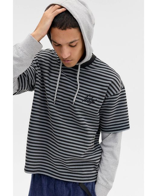 iets frans Gray Striped Double Layer Hoodie for men