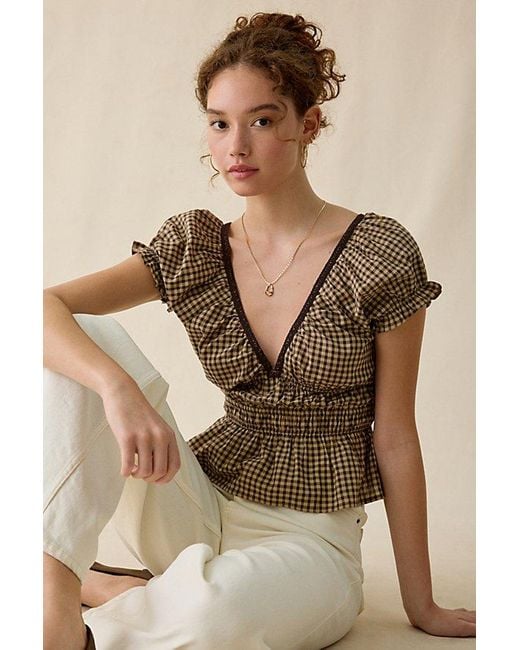 Kimchi Blue Natural Jane Ruched Lace Trim Short Sleeve Blouse