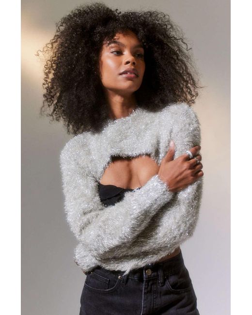 Urban Outfitters Gray Uo Aimee Fluffy Sparkle Shrug Sweater