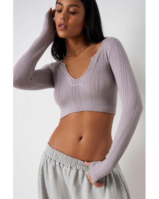 Urban Outfitters White Uo Go For Gold Pointelle Notched Long-sleeved Crop Top