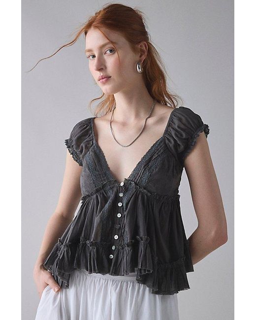 Kimchi Blue Gray Izzy Lace Trim Button-Front Babydoll Blouse