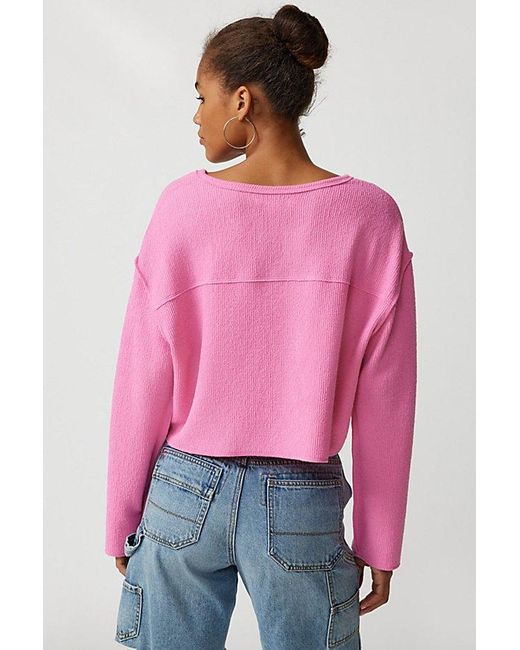Urban Outfitters Pink Uo Parker Notch Neck Ribbed Long Sleeve Top
