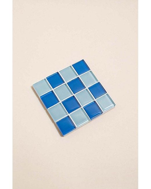 Subtle Studios Blue Checkered Glass Tile Coaster