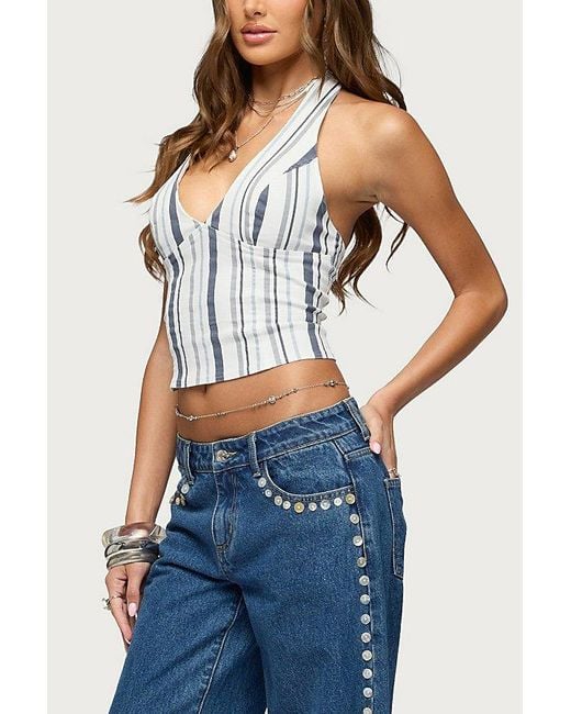 Edikted White Sofey Striped Denim Halter Top