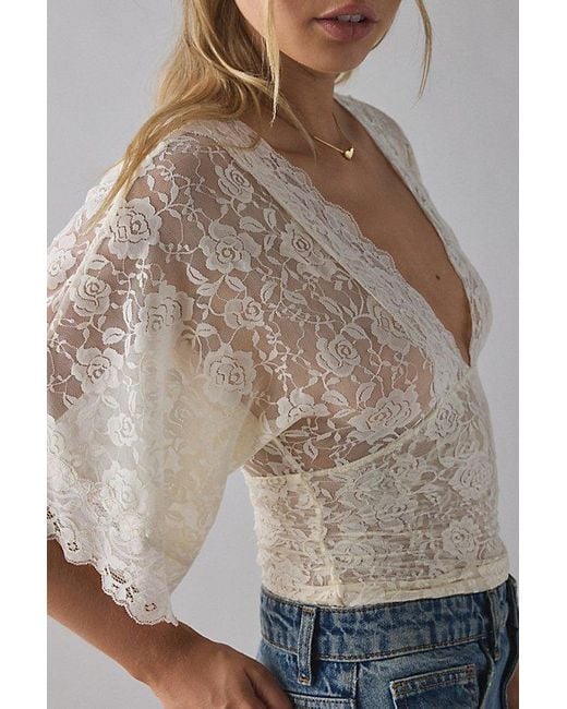 Kimchi Blue Blue Verde Plunging Lace Trim Bell Sleeve Top