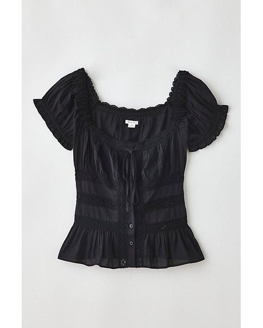 Kimchi Blue Blue Nora Lace Trim Puff Sleeve Button-Up Blouse