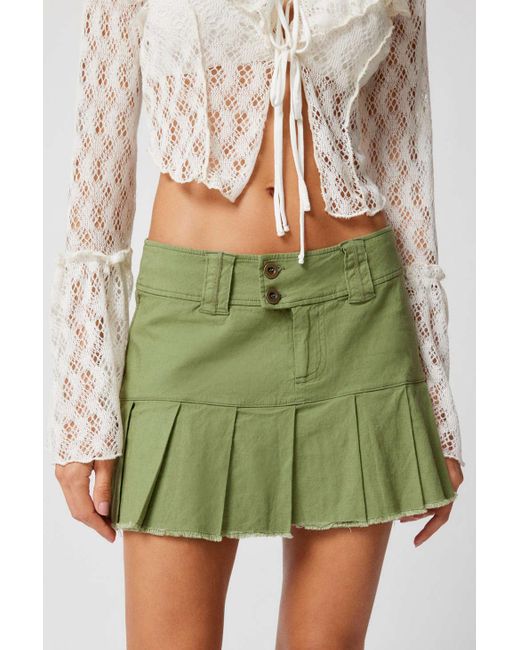 Urban Outfitters Green Uo Raven Linen Pleated Mini Skirt