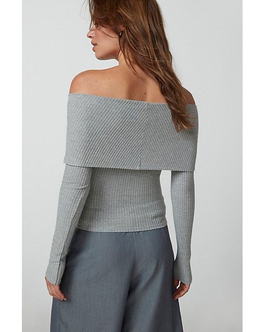 Urban Outfitters Gray Uo Hailey Foldover Off-The-Shoulder Long Sleeve Top