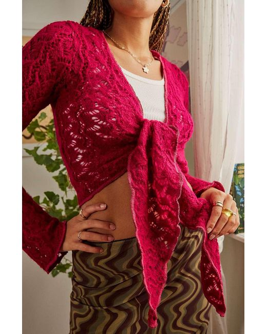 Urban Outfitters Pink Uo Lace Tie-front Top