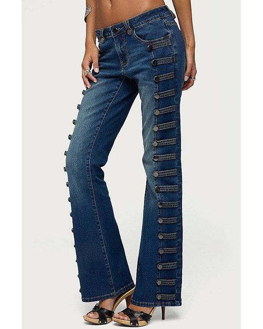 Edikted Blue Button Loop Low Rise Bootcut Jeans