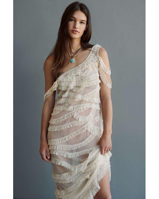 Urban Outfitters White Uo Anderson Sheer Ruffle Midi Dress