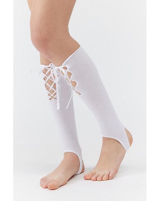 Urban Outfitters White Ribbed Lace-Up Stirrup Leg Warmers