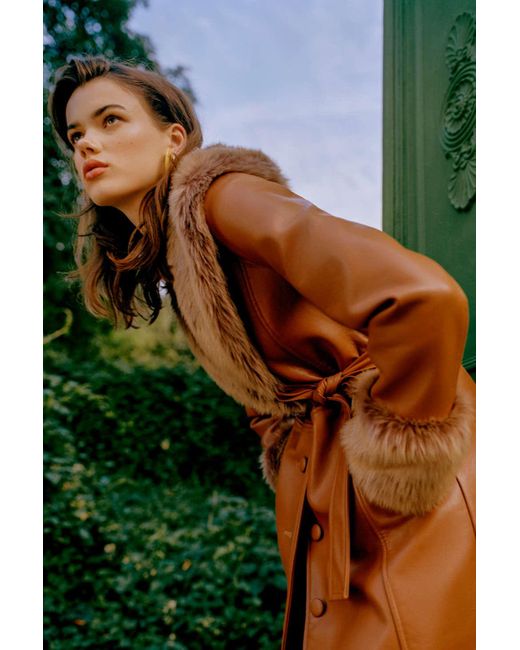 Urban Outfitters Brown Uo Glam Faux-fur Trim Coat