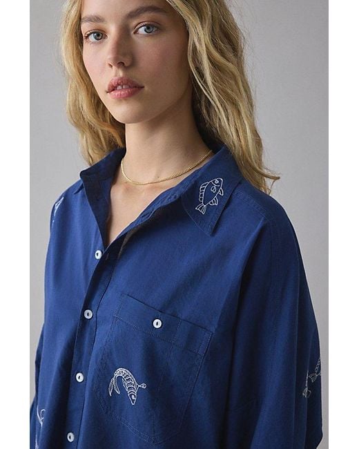 BDG Blue Alex Embroidered Graphic Oversized Cotton Button-Down Shirt