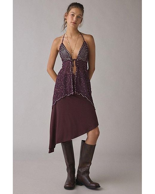 Kimchi Blue Purple Leila Sheer Beaded Embroidered Flyaway Halter Top