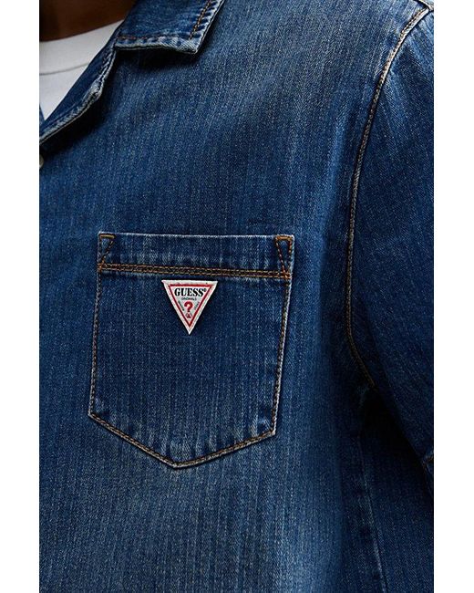 Guess Blue Herringbone Denim Short Sleeve Button-Down Shirt Top for men