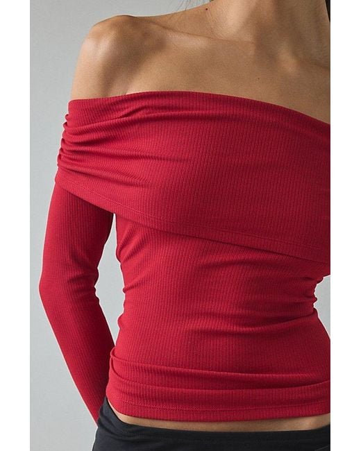 Kimchi Blue Red Lily Ruched Foldover Off-The-Shoulder Knit Top