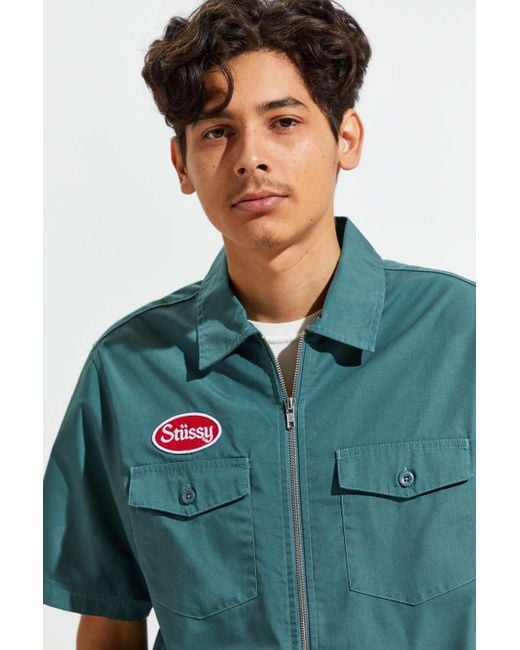 Stussy Green Garage Short Sleeve Zip-up Shirt for men