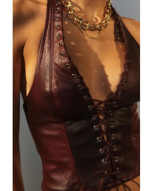 Jaded London Brown Lynx Faux Leather Corset Top In Rose,at Urban Outfitters