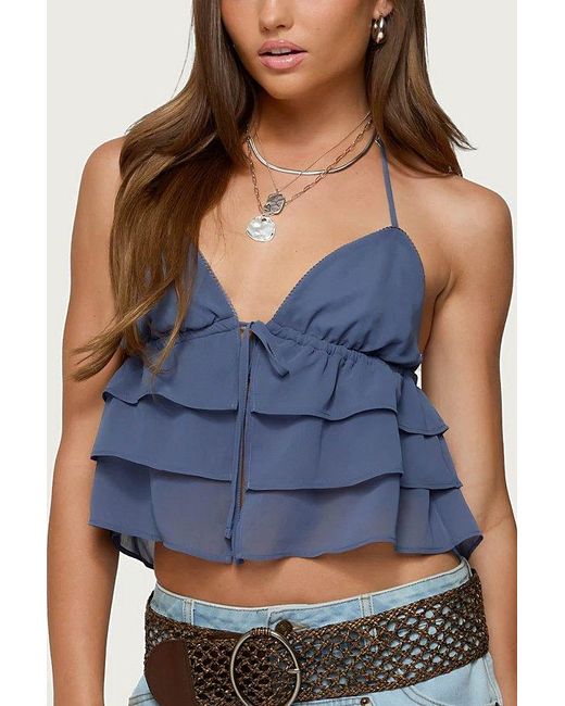 Edikted Blue Zephi Split Front Ruffled Top