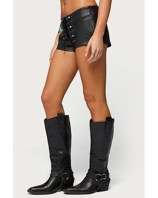 Edikted Blue Jessica Lace Up Faux Leather Micro Shorts