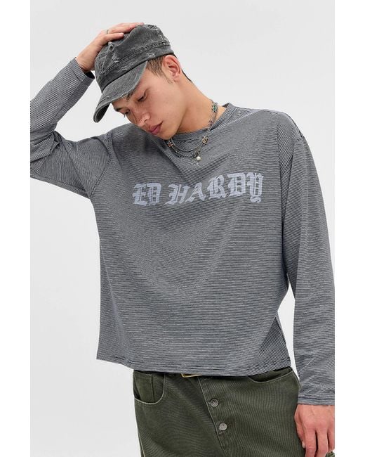 Ed Hardy Gray Uo Exclusive Grey & Navy Stripe Long Sleeve Tee for men