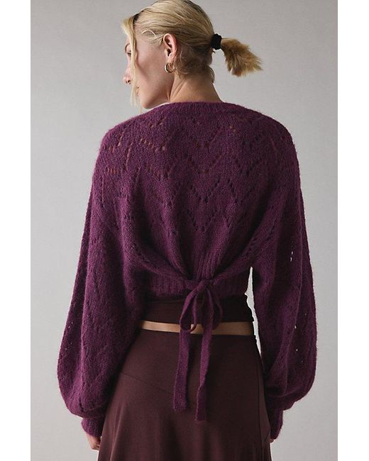 Kimchi Blue Purple Pointelle Knit Tie-Back Cropped Shrug Cardigan