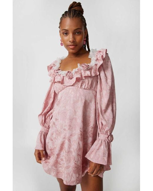 For Love & Lemons Rosalia Long Sleeve Floral Mini Dress In Pink,at Urban Outfitters