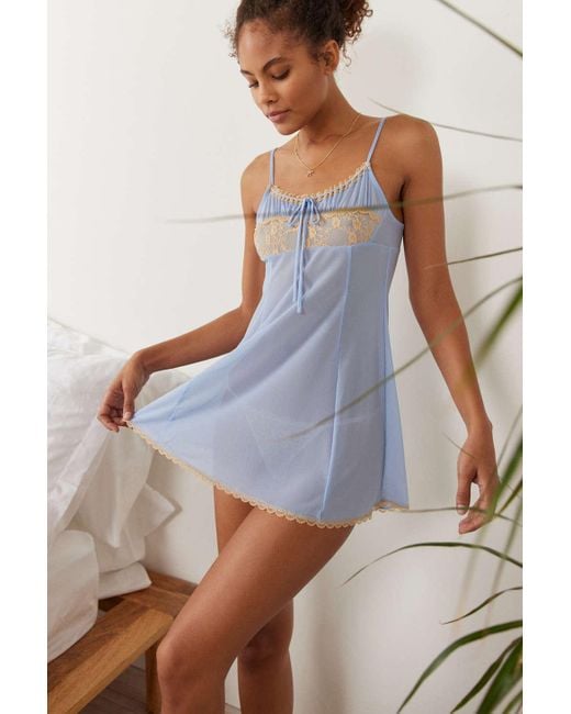 Out From Under Boudoir Belle Sheer Slip Dress In Light Blue/peach,at Urban Outfitters