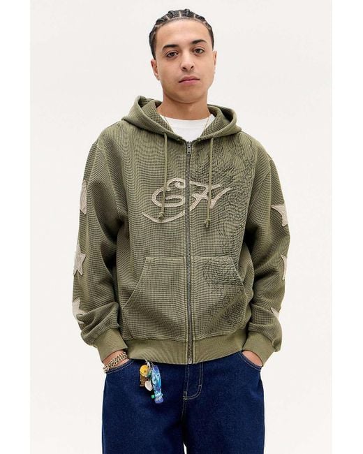 Ed Hardy Green Uo Exclusive Khaki Waffle Zip-through Hoodie for men