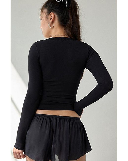 Out From Under Black Soft Touch Plunging Lace Trim Long Sleeve Top