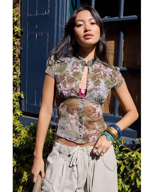 Urban Outfitters Blue Silence + Noise Juni Flocked Keyhole Top