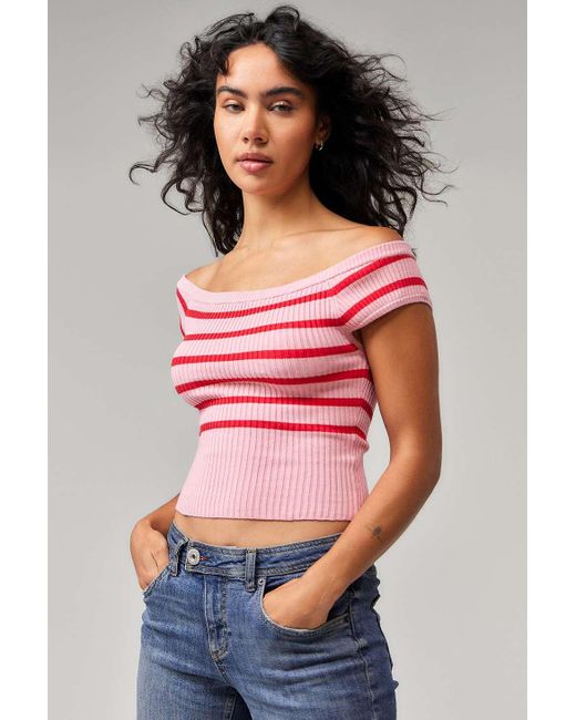 Urban Outfitters Red Uo Striped Off-the-shoulder Top