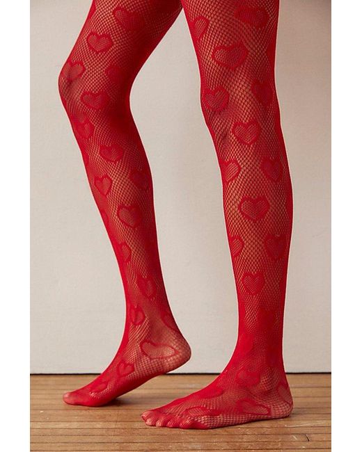 Urban Outfitters Red Uo Heart Mesh Tights