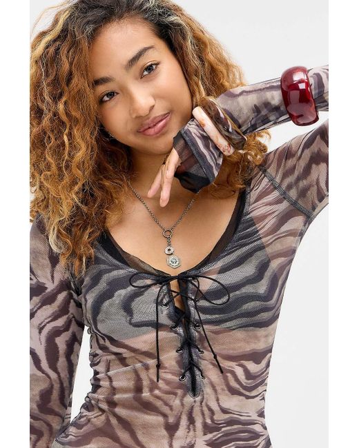 Kimchi Blue Gray Eyelet Long Sleeve Mesh Blouse
