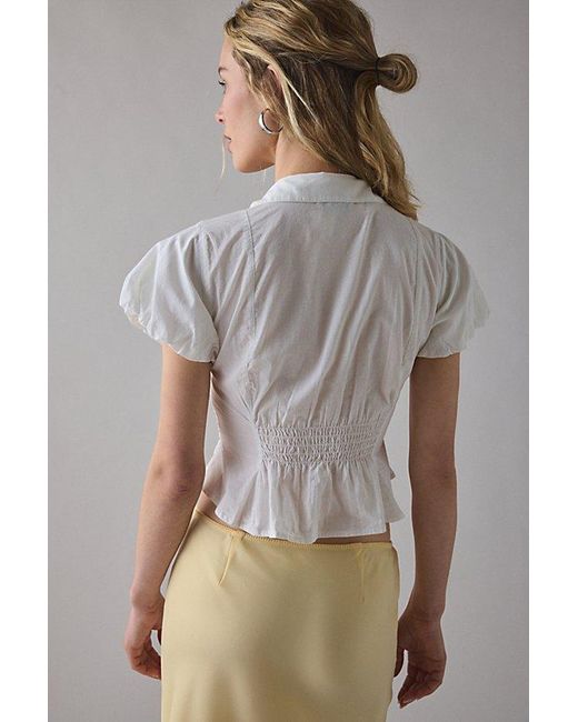 Urban Outfitters Gray Uo Maude Smocked Short Sleeve Button-Down Shirt