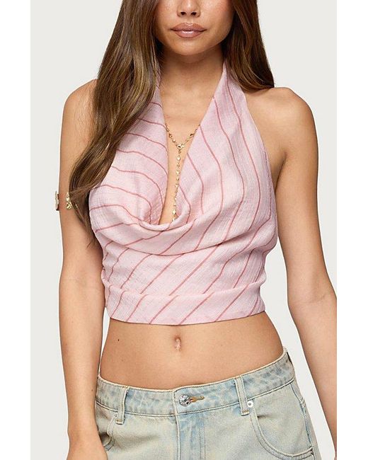 Edikted Pink Stripey Metallic Cowl Neck Halter Top