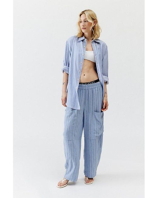 Urban Outfitters Blue Uo Mae Striped Linen Cargo Pant