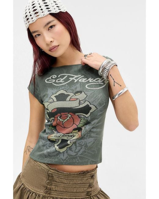Ed Hardy Green Uo Exclusive Cross Slash Neck Graphic Tee
