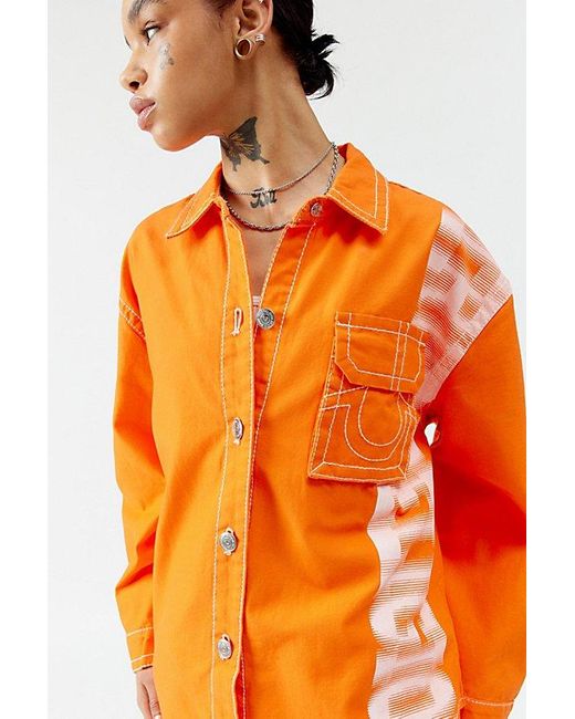 True Religion Orange Big T Logo Shirt Jacket Top