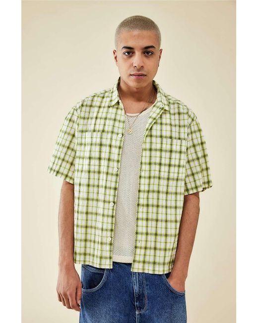 BDG Natural Plissé Green Check Shirt Xs At Urban Outfitters for men