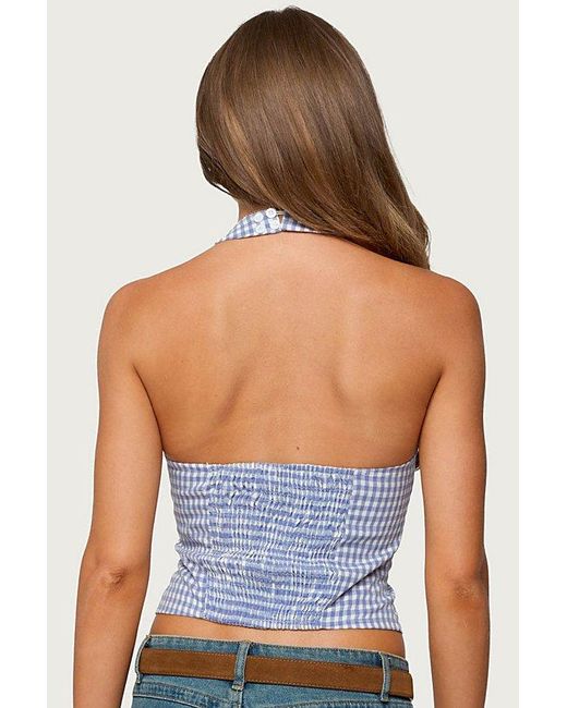 Edikted Blue Evan Gingham Button Up Halter Top