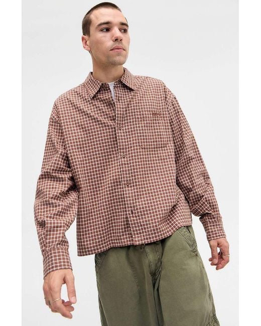 BDG Red Brown Arlo Check Long Sleeve Slub Shirt for men